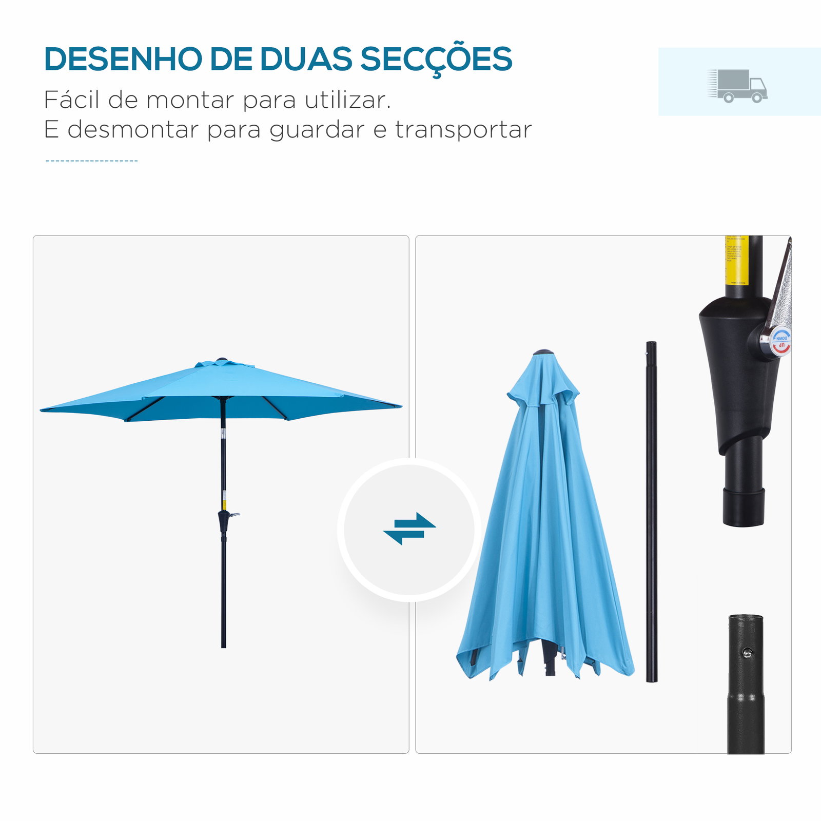 Chapéu de sol de jardim ø260x235 cm chapéu de sol reclinável com manivela mastro desmontável em alumínio e 6 varetas de metal azul
