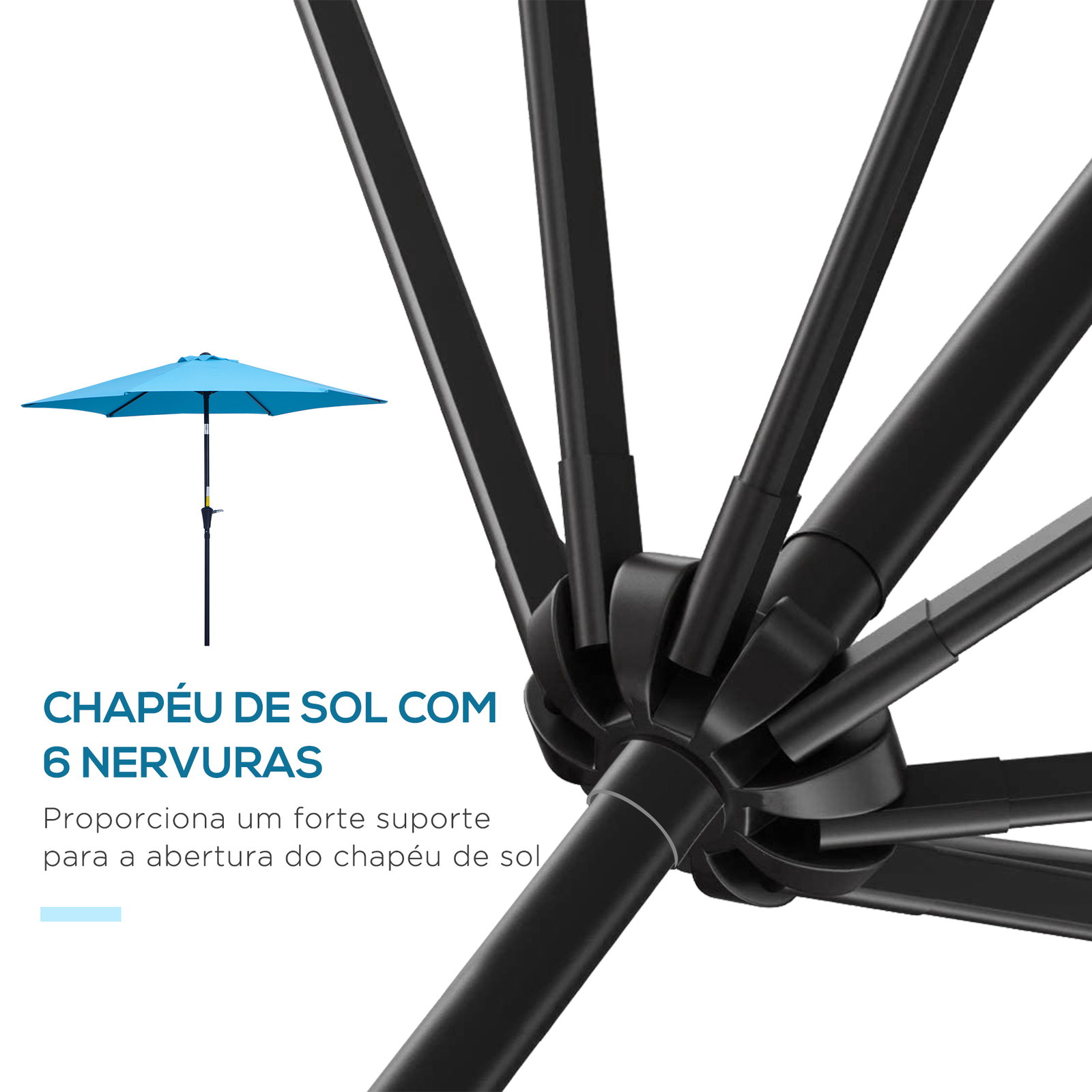 Chapéu de sol de jardim ø260x235 cm chapéu de sol reclinável com manivela mastro desmontável em alumínio e 6 varetas de metal azul