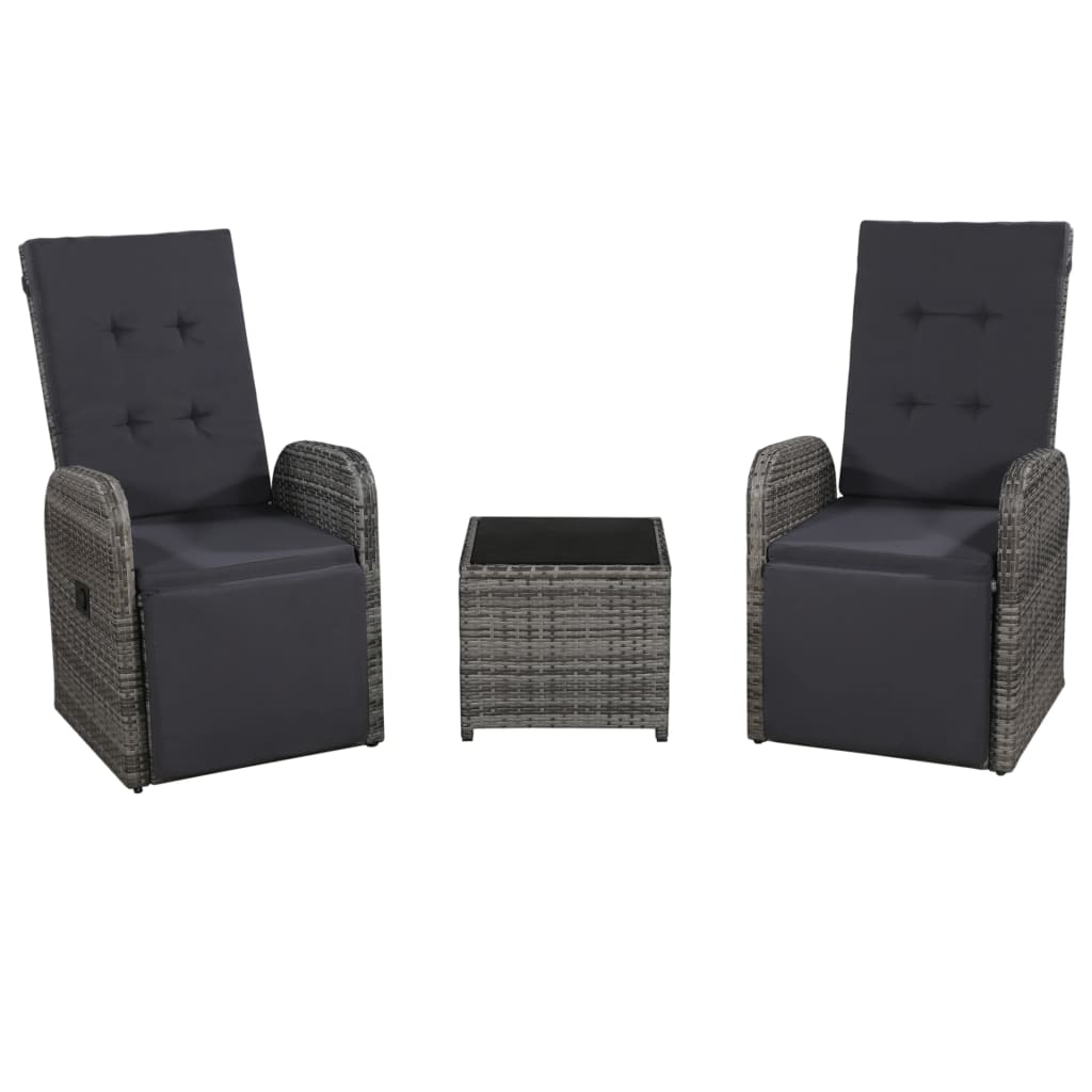 3 Pcs conjunto bistrô com almofadões vime PE cinzento
