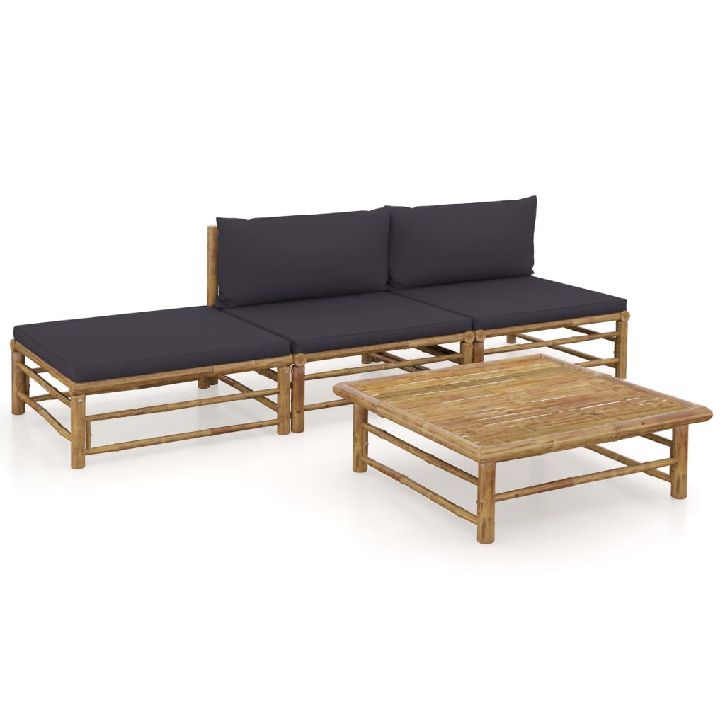 4 Pcs conj. lounge jardim em bambu c/ almofadões cinza-escuro