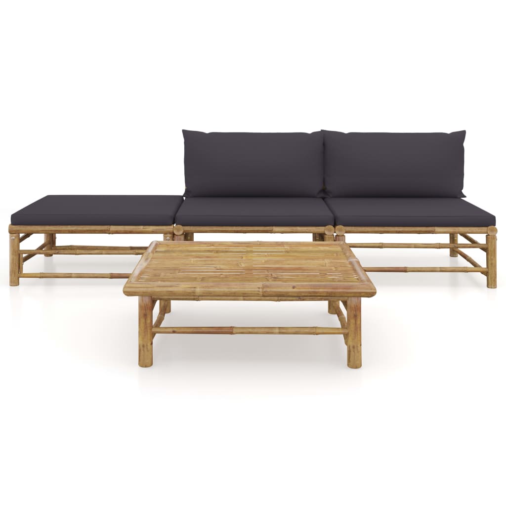 4 Pcs conj. lounge jardim em bambu c/ almofadões cinza-escuro