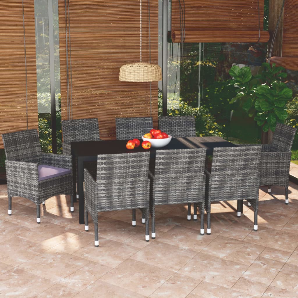 9 Pcs conjunto jantar p/ jardim c/ almofadões vime PE cinzento