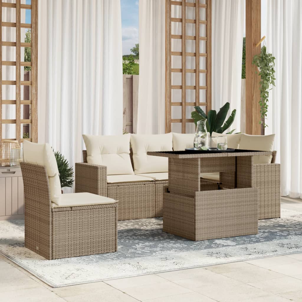 6 Pcs conjunto de sofás p/ jardim com almofadões vime PE bege