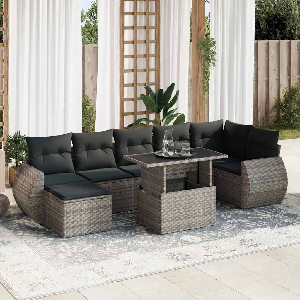 8 Pcs conjunto sofás de jardim c/ almofadões vime PE cinzento