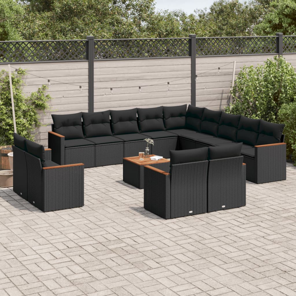 14 Pcs conjunto de sofás p/ jardim c/ almofadões vime PE preto