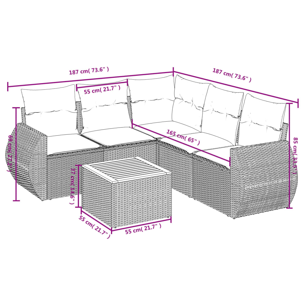 6 Pcs conjunto sofás de jardim c/ almofadões vime PE preto