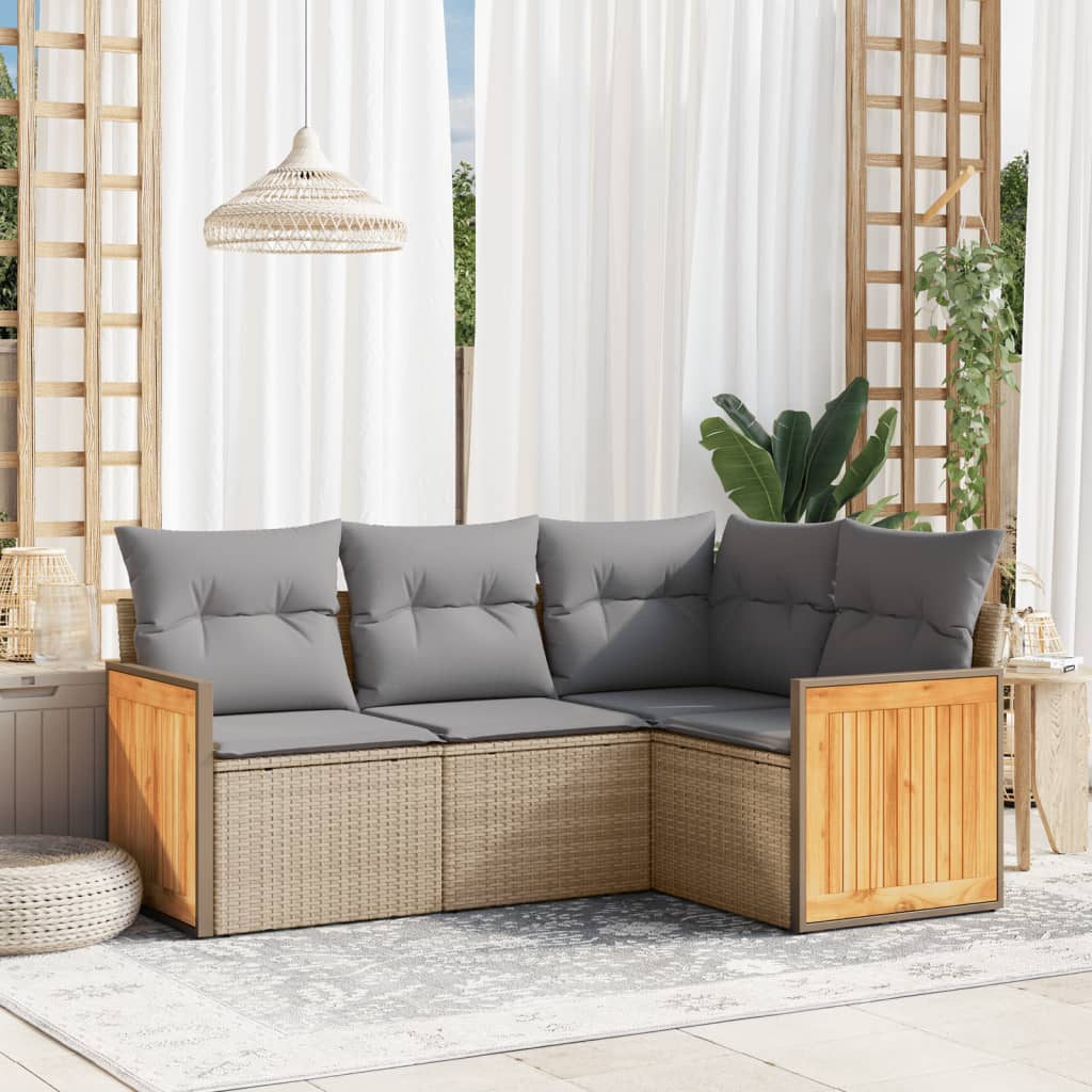 4 Pcs conjunto de sofás para jardim c/ almofadões vime PE bege