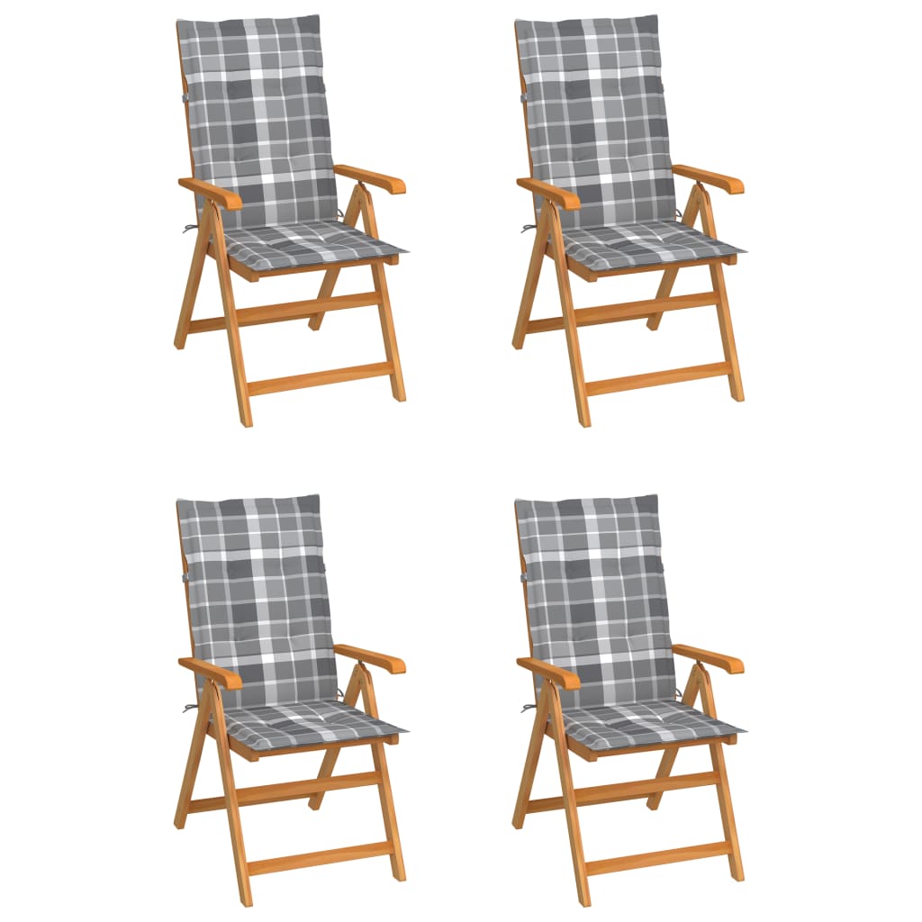 Cadeiras jardim c/ almofadões xadrez cinzento 4 pcs teca maciça
