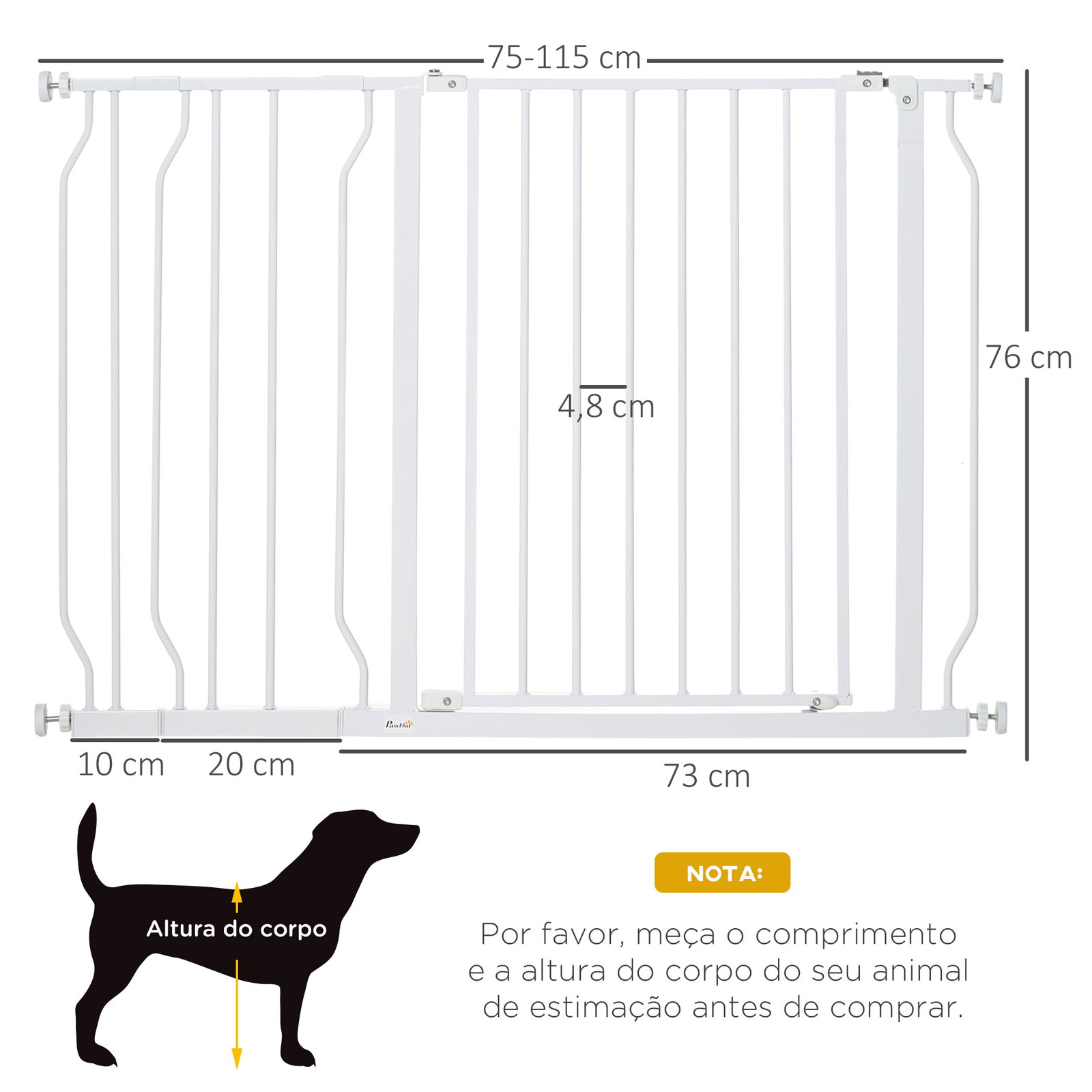 Barreira de Segurança para Cães Extensível para Escadas e Portas 75-115cm com 2 Extensões e 10-20cm Montagem a Pressão Aço Altur