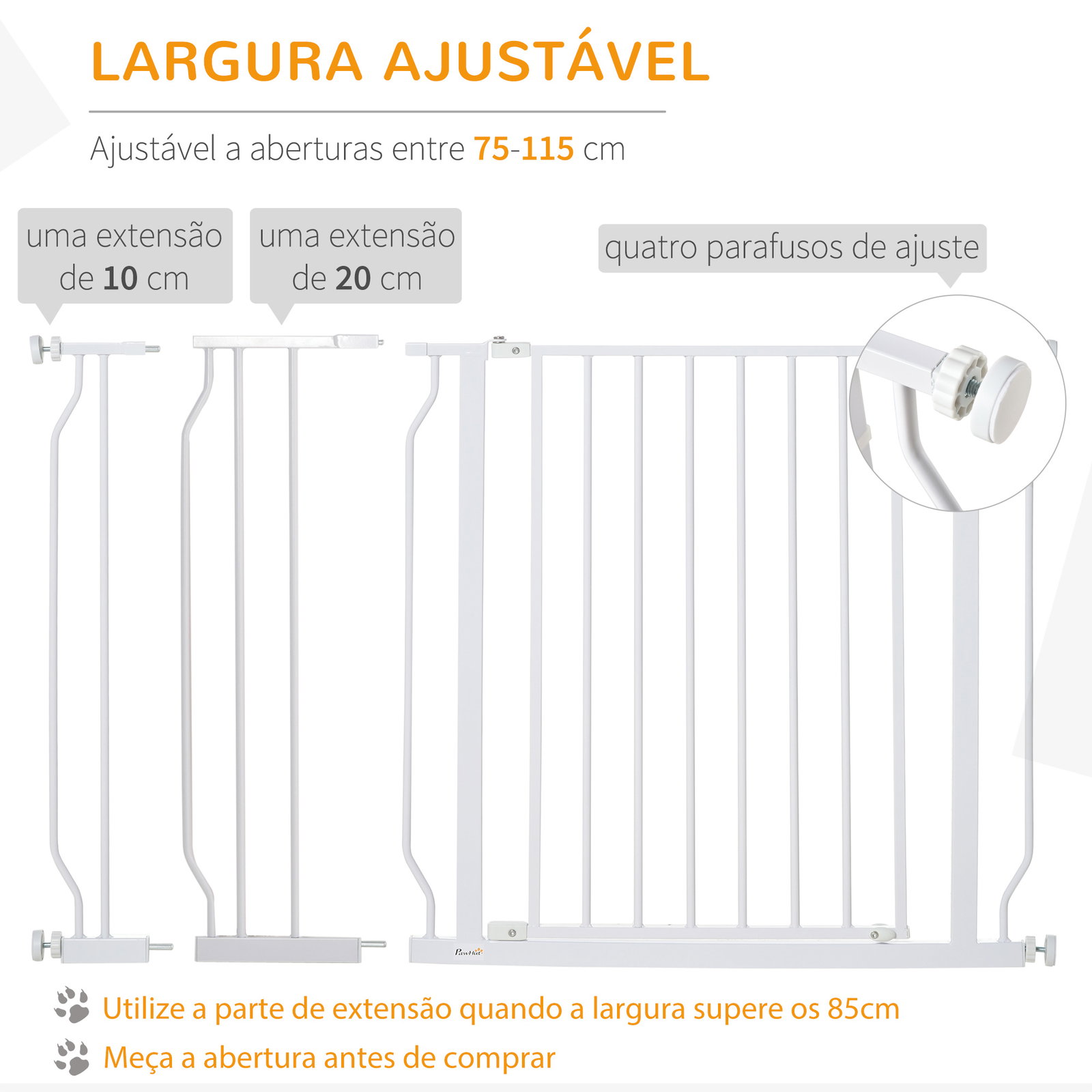 Barreira de Segurança para Cães Extensível para Escadas e Portas 75-115cm com 2 Extensões e 10-20cm Montagem a Pressão Aço Altur