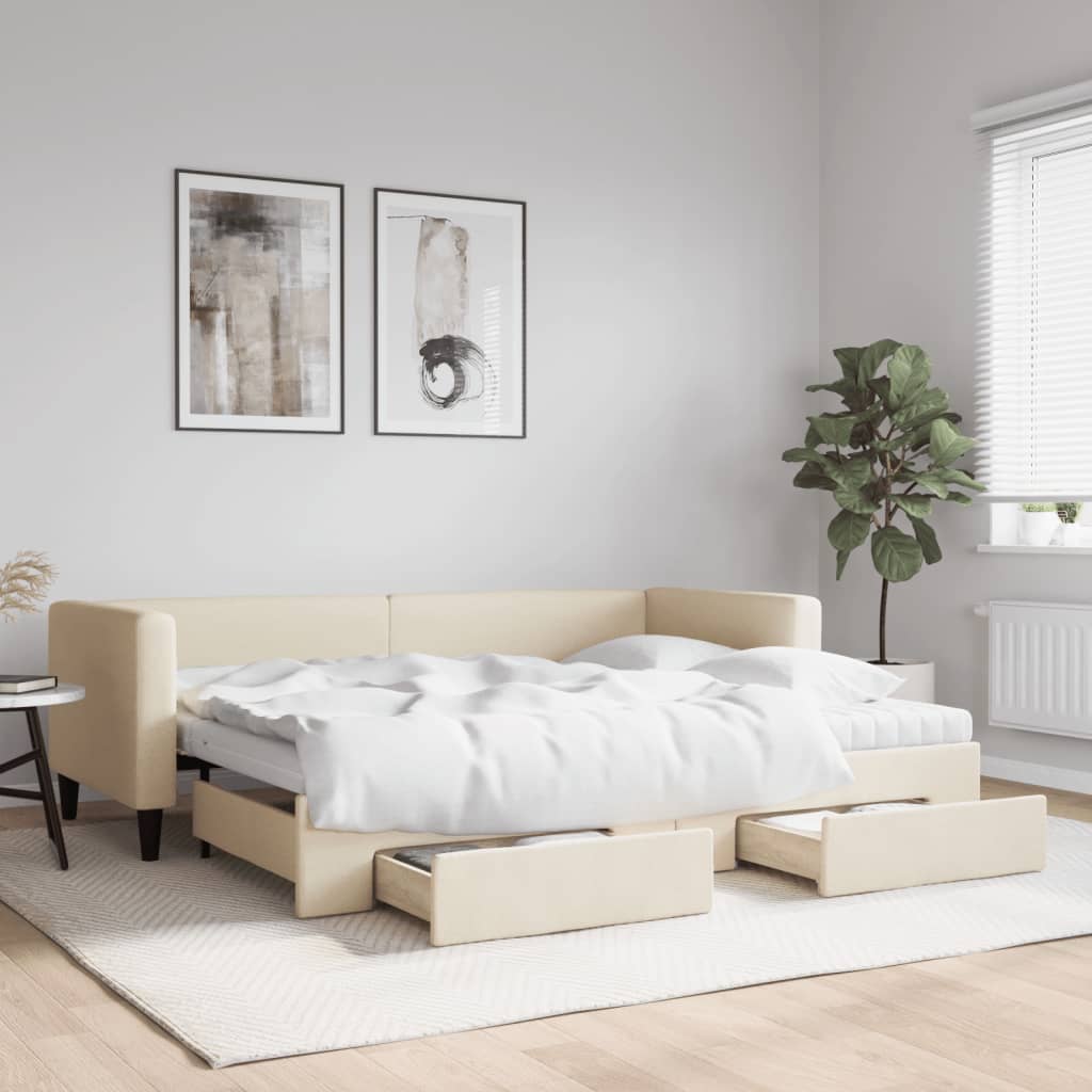 Sofá-cama com gavetão e gavetas 80x200 cm tecido cor creme