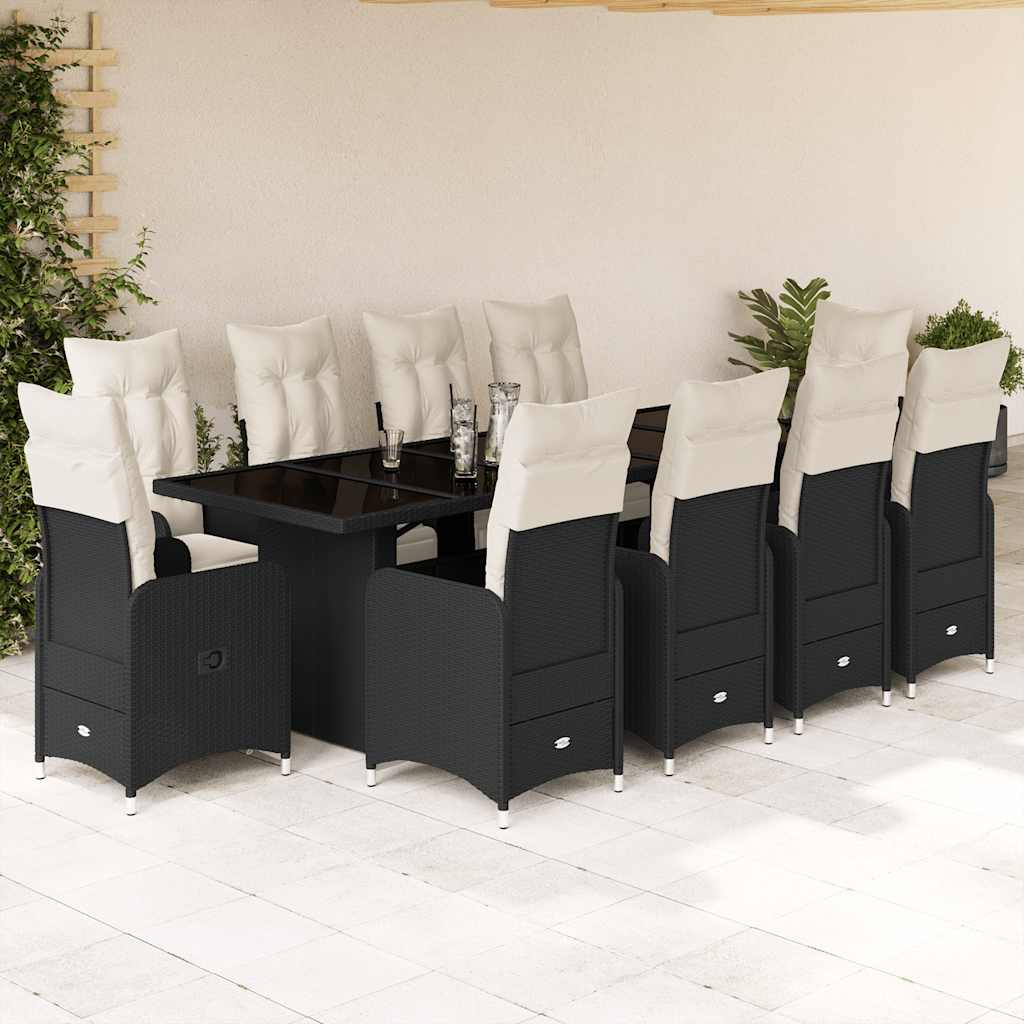 11 Pcs conjunto de bistrô p/ jardim c/ almofadões vime PE preto