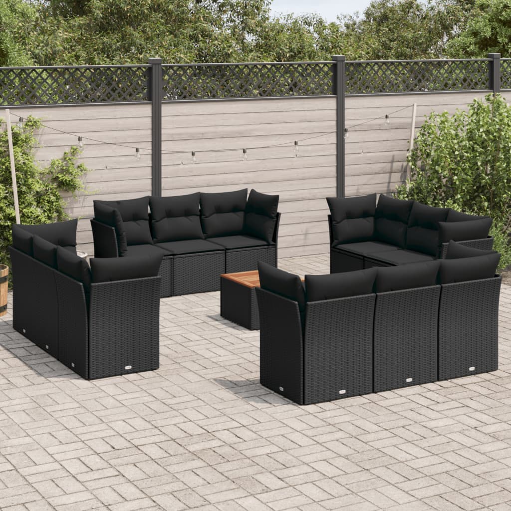 13 Pcs conjunto de sofás de jardim com almofadões vime PE preto