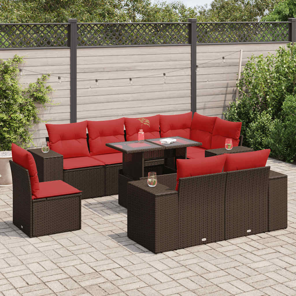 9 Pcs conj. sofás jardim c/ almofadões vime PE/acácia castanho