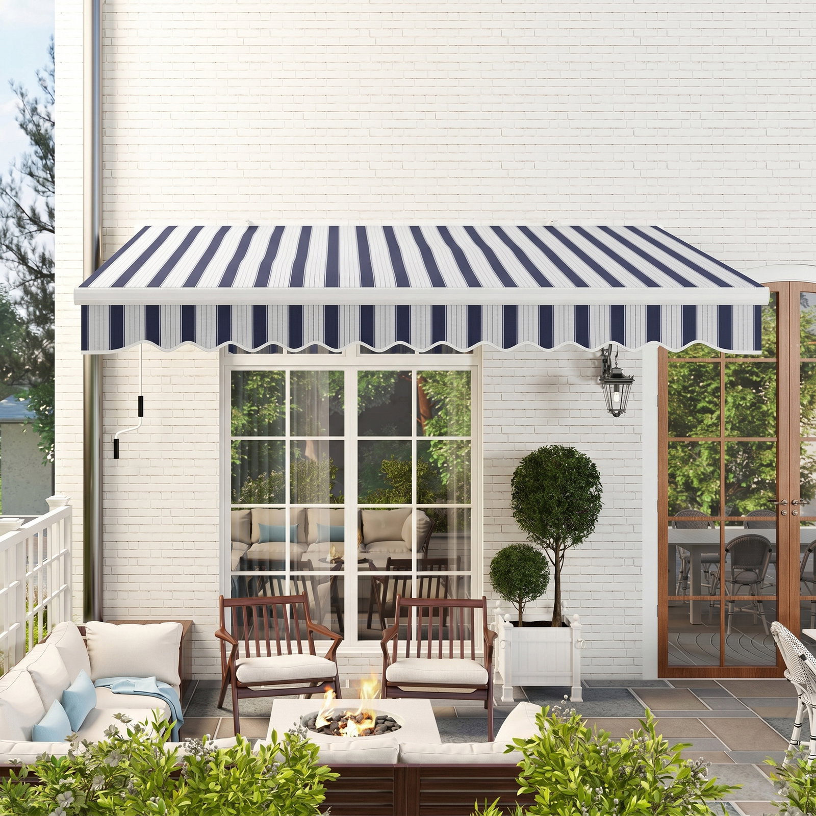 Toldo Manual Retrátil 395x245 cm Ângulo Ajustável Braço Articulado Anti-UV e Impermeável Montagem na Parede Azul e Branco