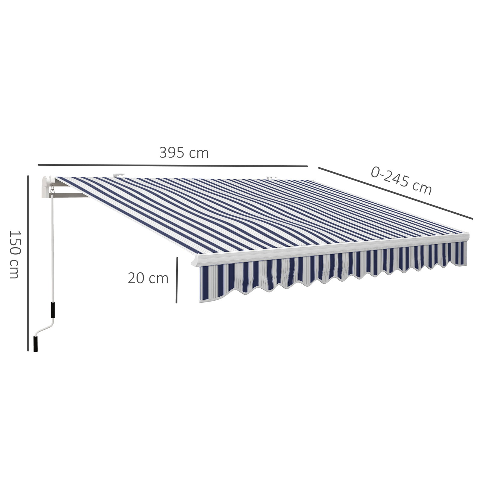 Toldo Manual Retrátil 395x245 cm Ângulo Ajustável Braço Articulado Anti-UV e Impermeável Montagem na Parede Azul e Branco
