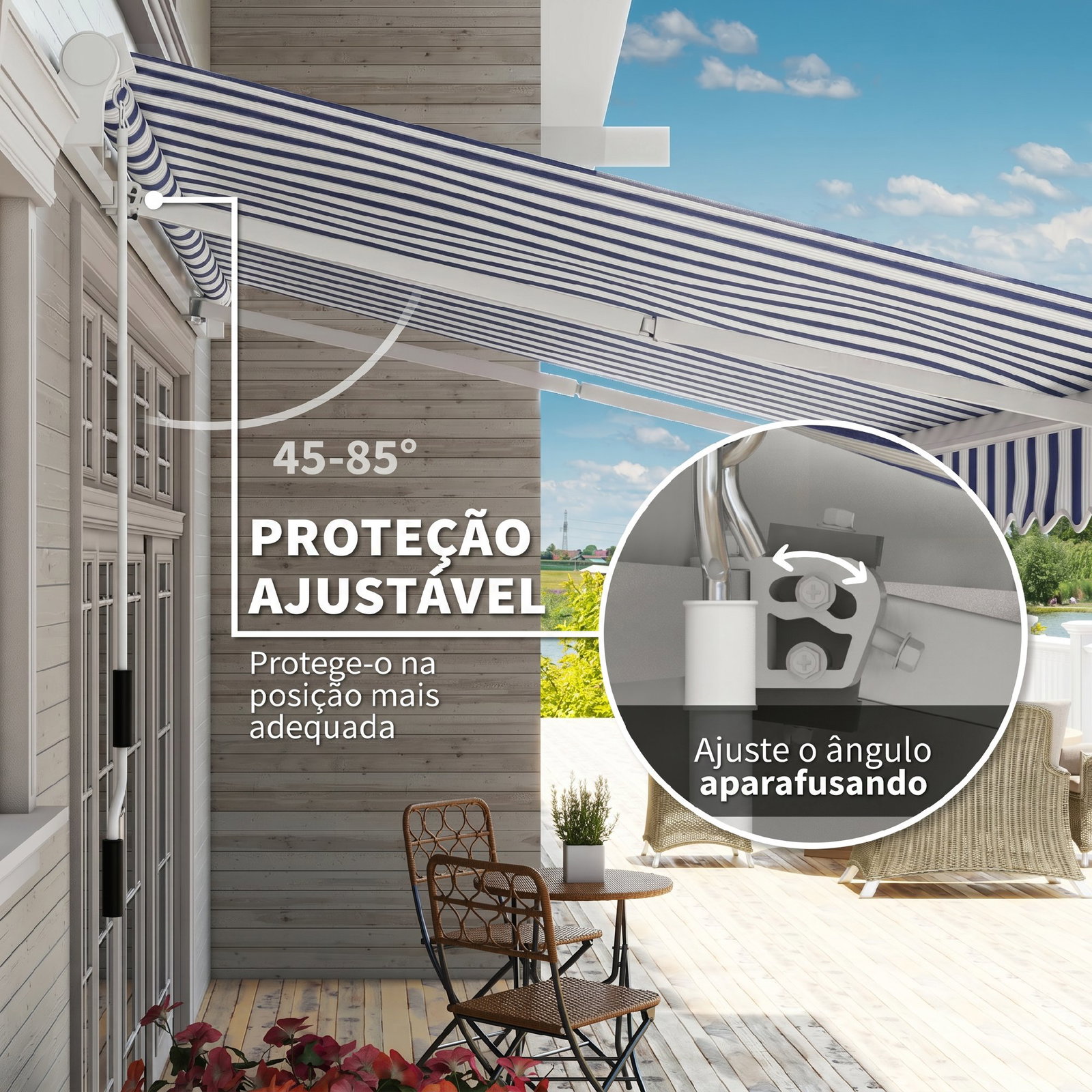 Toldo Manual Retrátil 395x245 cm Ângulo Ajustável Braço Articulado Anti-UV e Impermeável Montagem na Parede Azul e Branco