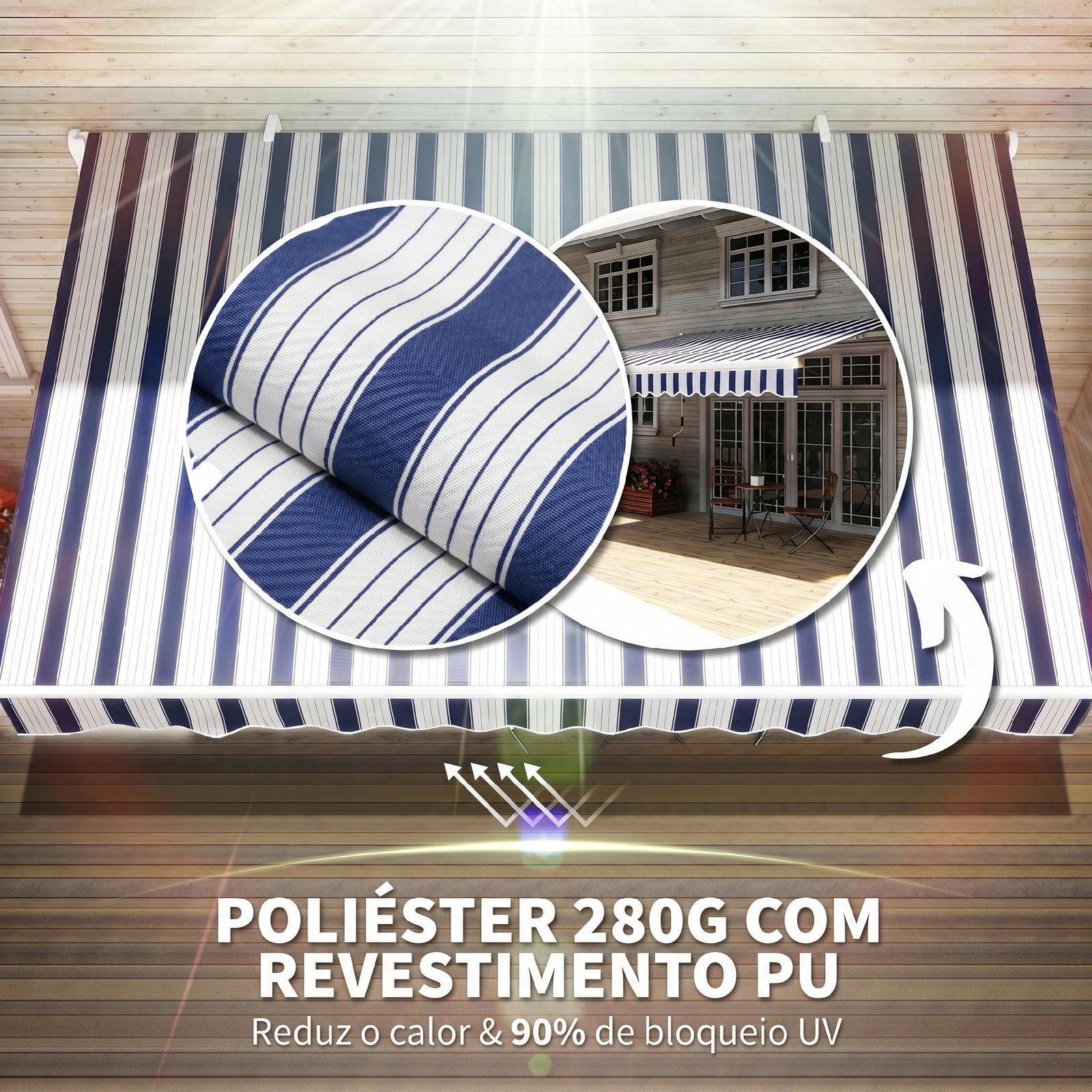 Toldo Manual Retrátil 395x245 cm Ângulo Ajustável Braço Articulado Anti-UV e Impermeável Montagem na Parede Azul e Branco
