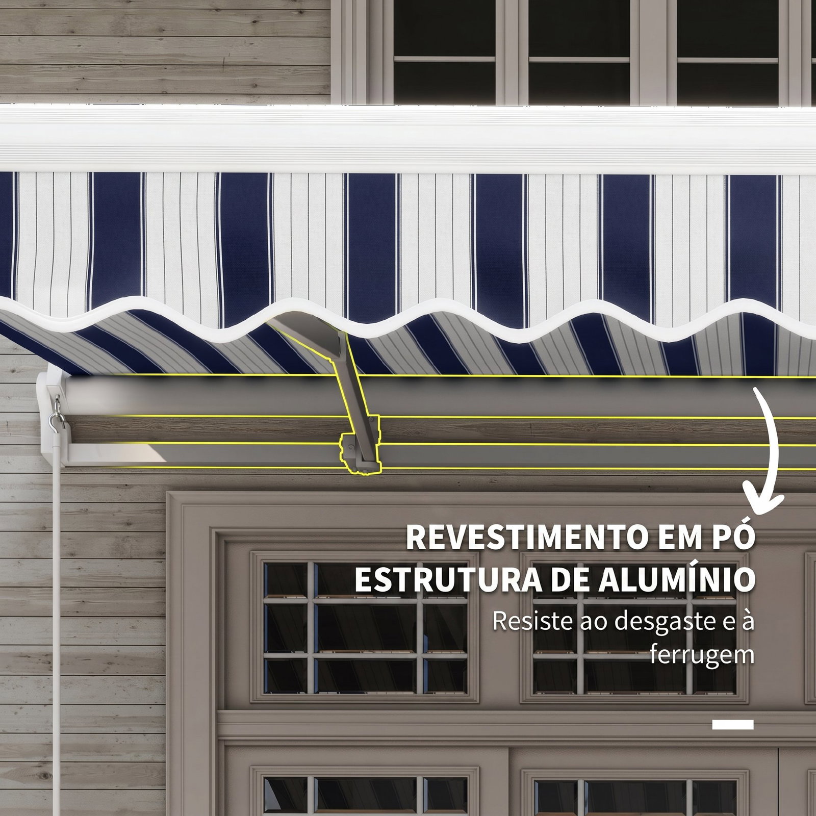 Toldo Manual Retrátil 395x245 cm Ângulo Ajustável Braço Articulado Anti-UV e Impermeável Montagem na Parede Azul e Branco
