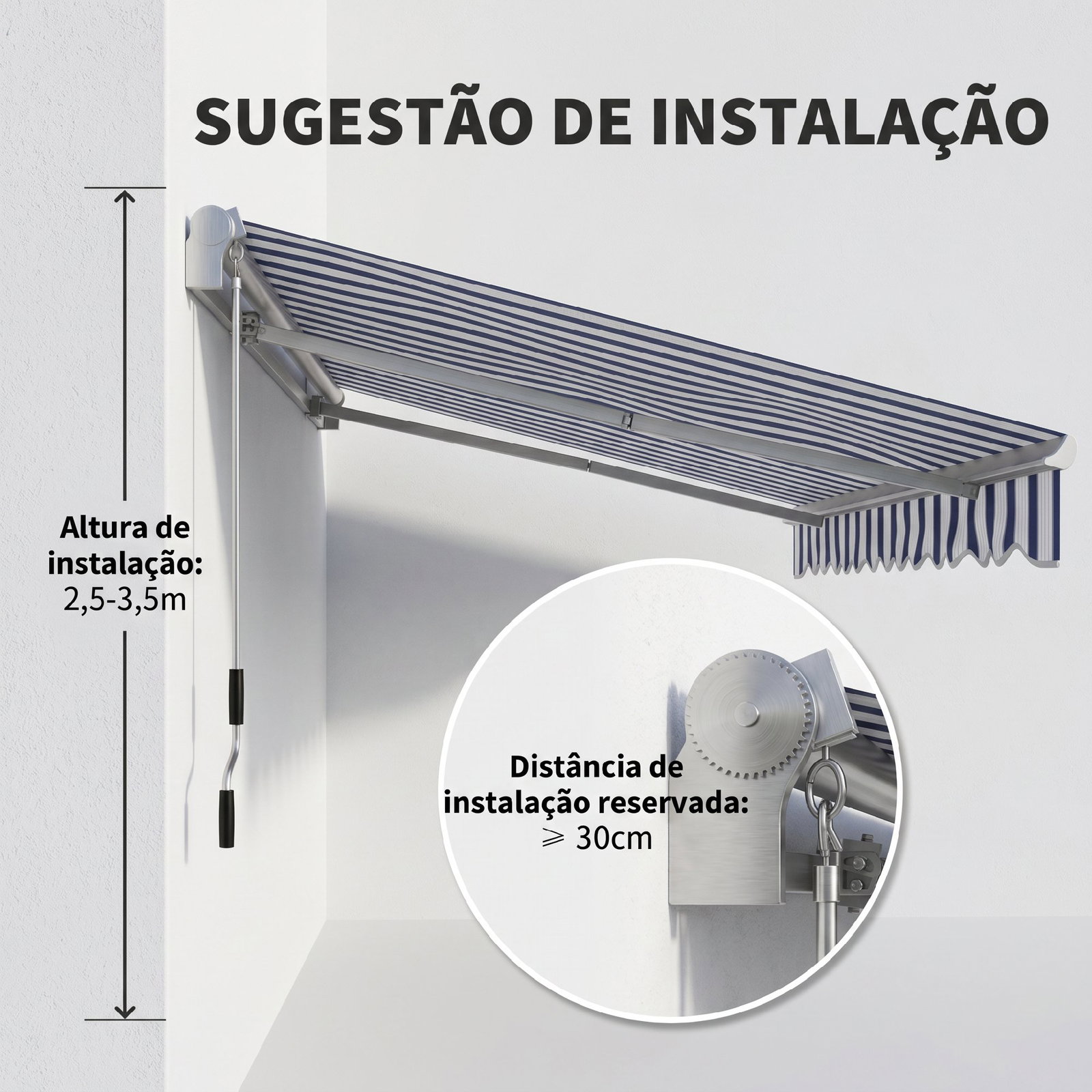 Toldo Manual Retrátil 395x245 cm Ângulo Ajustável Braço Articulado Anti-UV e Impermeável Montagem na Parede Azul e Branco