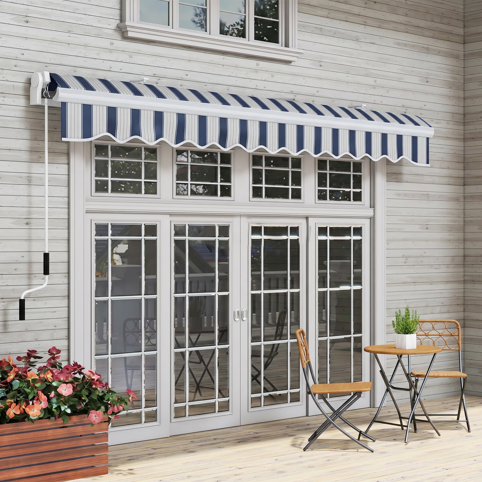 Toldo Manual Retrátil 395x245 cm Ângulo Ajustável Braço Articulado Anti-UV e Impermeável Montagem na Parede Azul e Branco