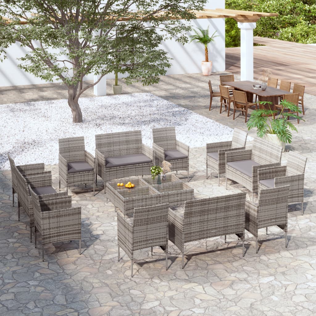 16 Pcs conjunto lounge de jardim c/ almofadões vime PE cinzento
