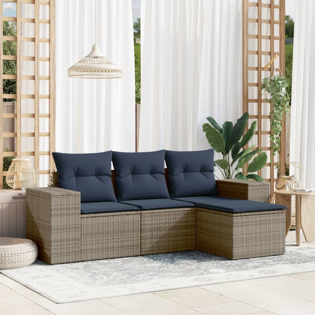 Conjunto de sofá de jardim com 4 peças e almofadas em rattan sintético cinza