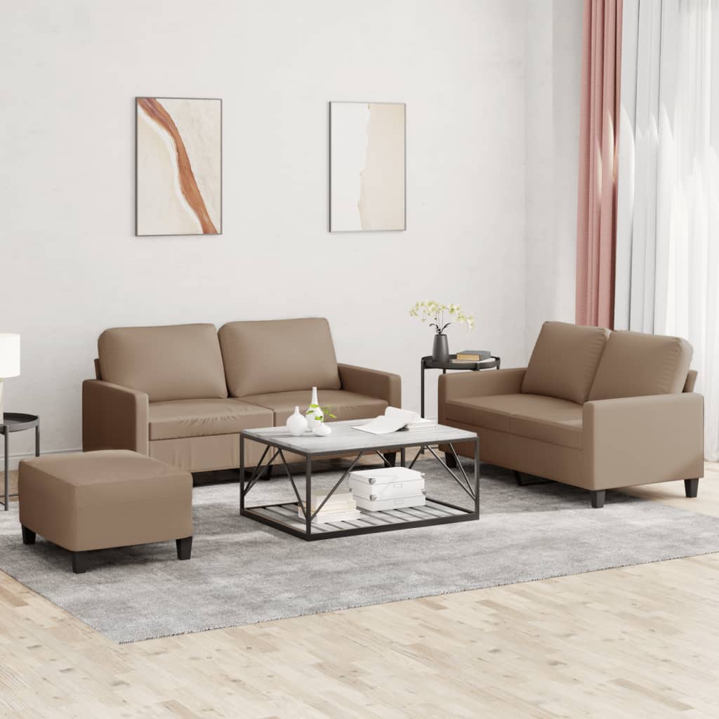 3 Pcs conjunto sofás c/ almofadões couro artificial cappuccino