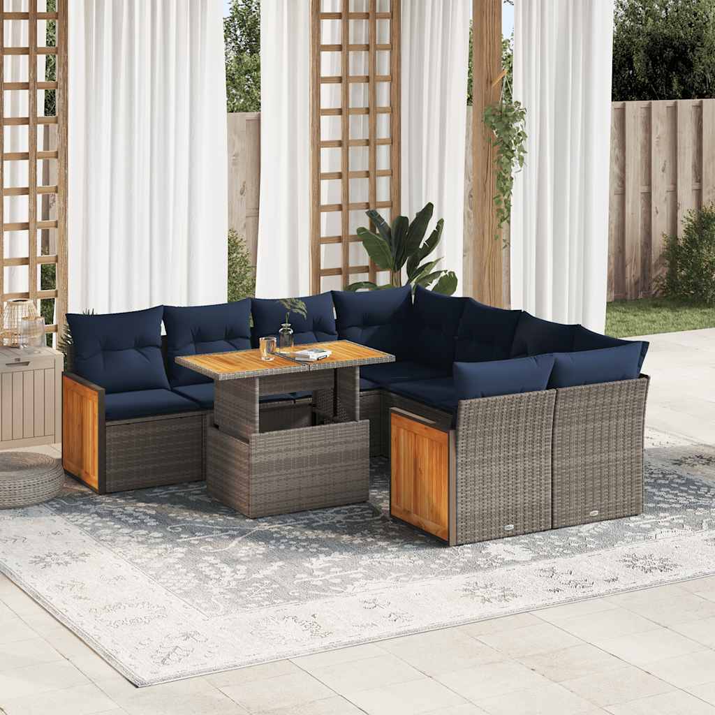 9 Pcs conjunto sofás jardim almofadões vime PE/acácia cinzento