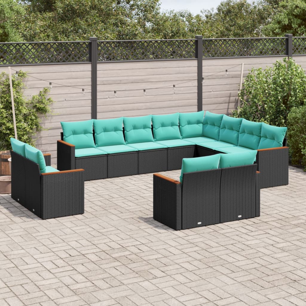 Conjunto de sofá de jardim com 12 peças e almofadas em rattan sintético preto