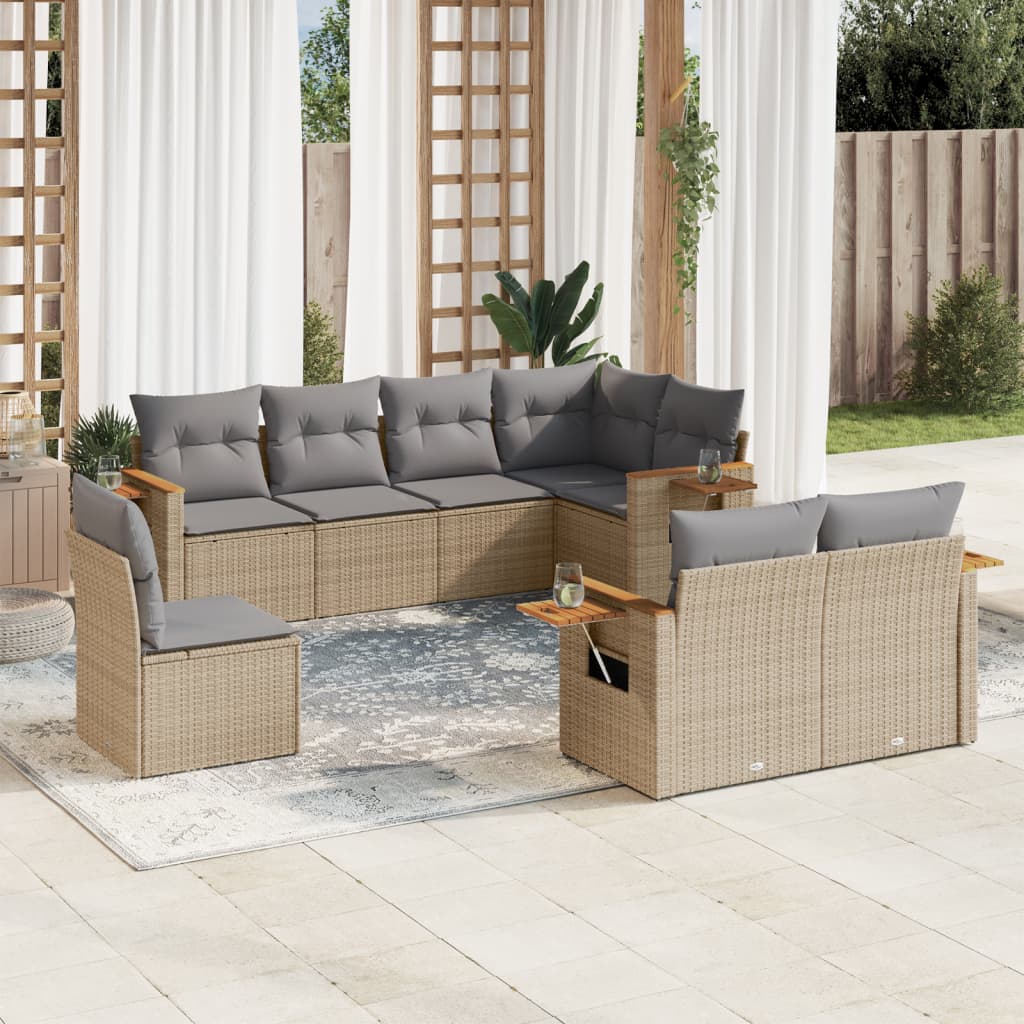 8 Pcs conjunto de sofás p/ jardim com almofadões vime PE bege