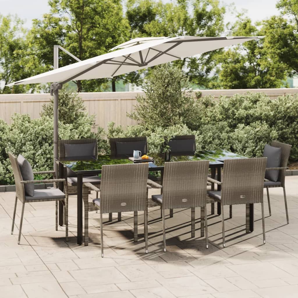 9 Pcs conjunto jantar jardim c/ almofadões vime PE preto/cinza