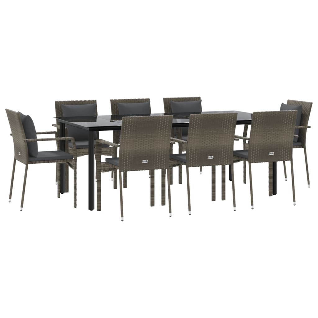 9 Pcs conjunto jantar jardim c/ almofadões vime PE preto/cinza