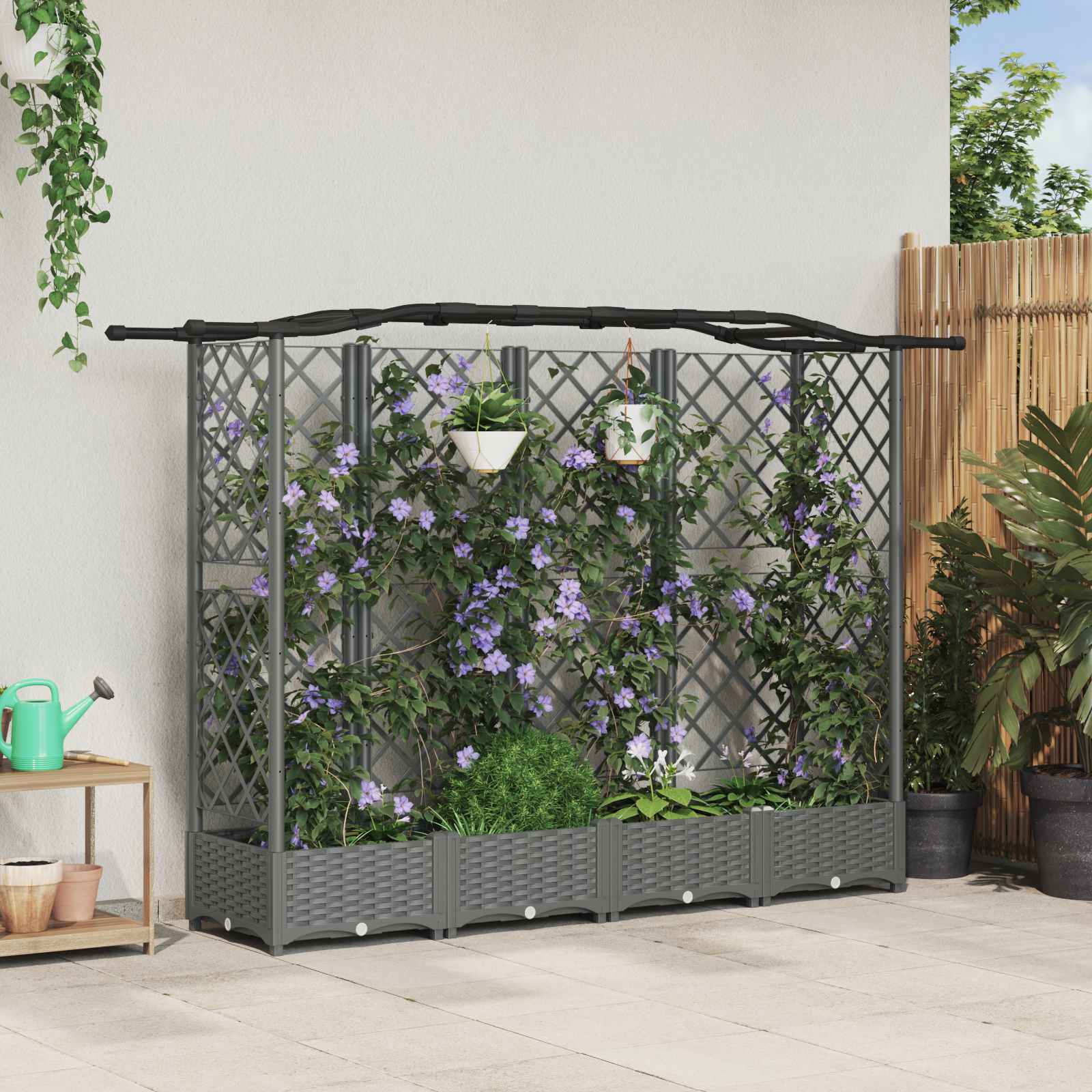 Cama elevada com treliça e telhado cinzento-claro PP