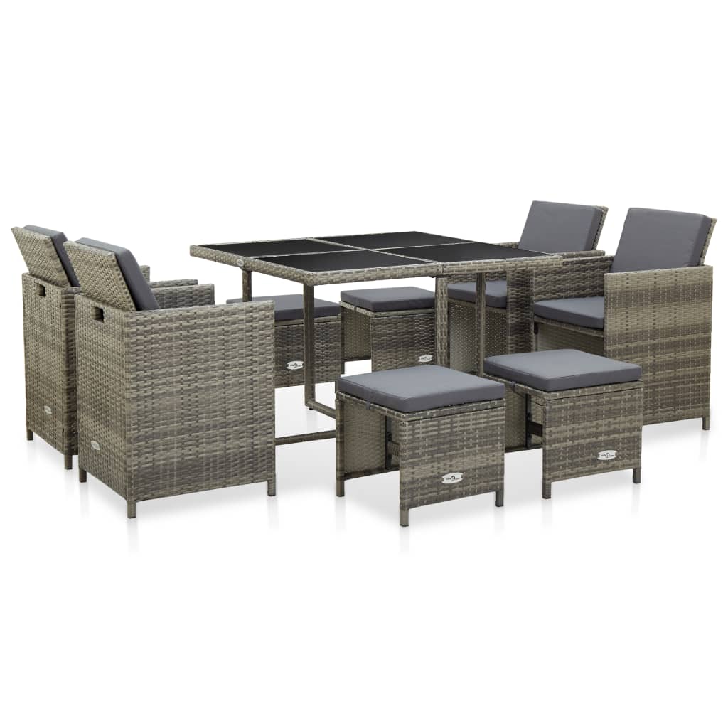 9 Pcs conjunto jantar exterior c/ almofadões vime PE cinzento