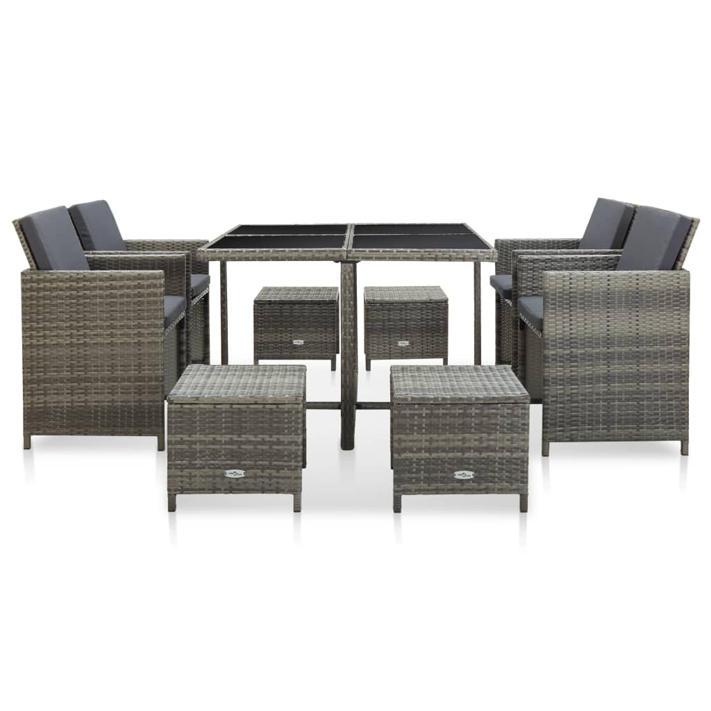 9 Pcs conjunto jantar exterior c/ almofadões vime PE cinzento