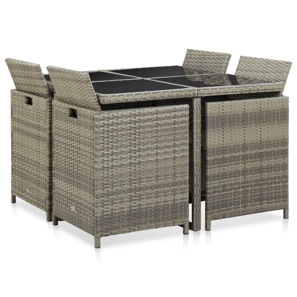 9 Pcs conjunto jantar exterior c/ almofadões vime PE cinzento