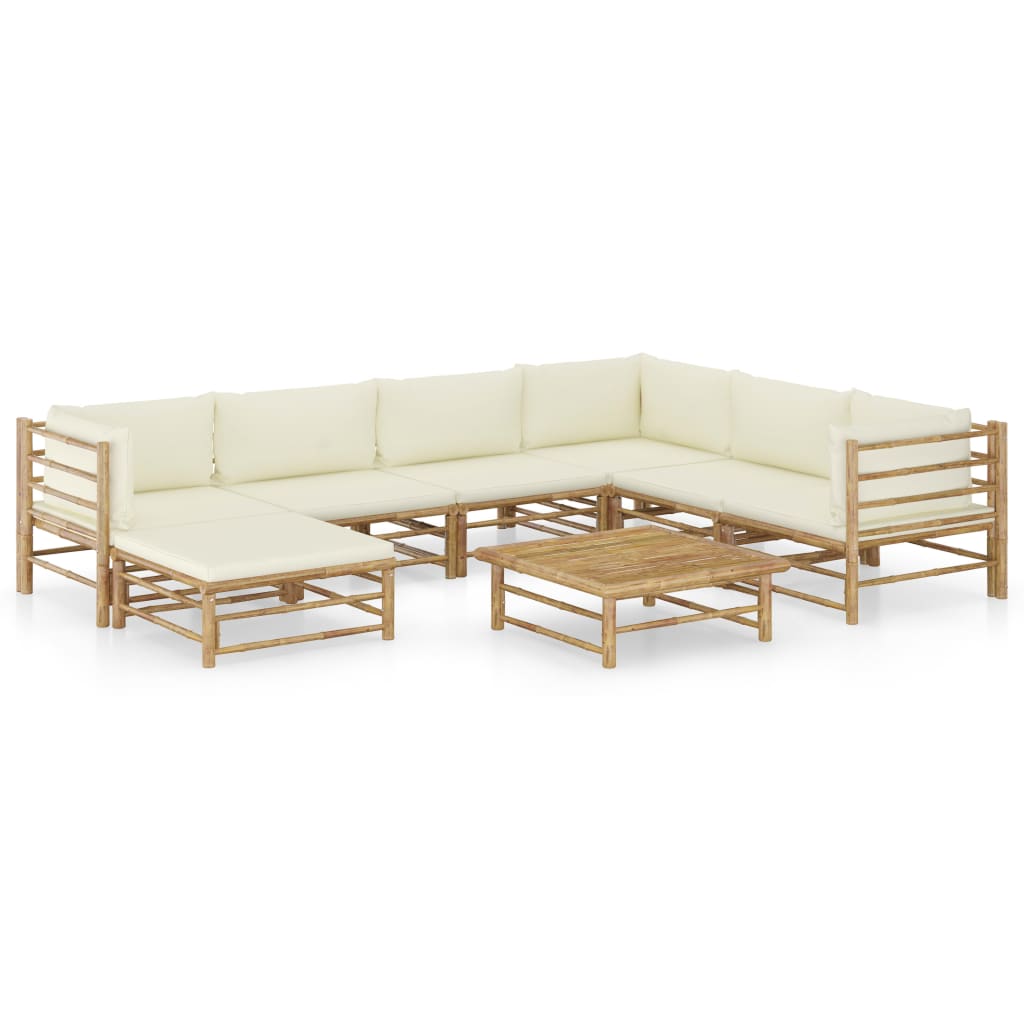 8 Pcs conj. lounge p/ jardim em bambu c/ almofadões branco nata