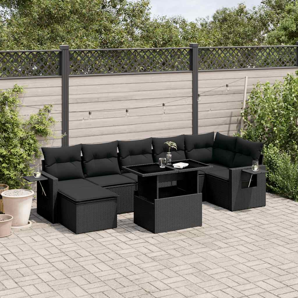 8 Pcs conjunto sofás de jardim com almofadões vime PE preto