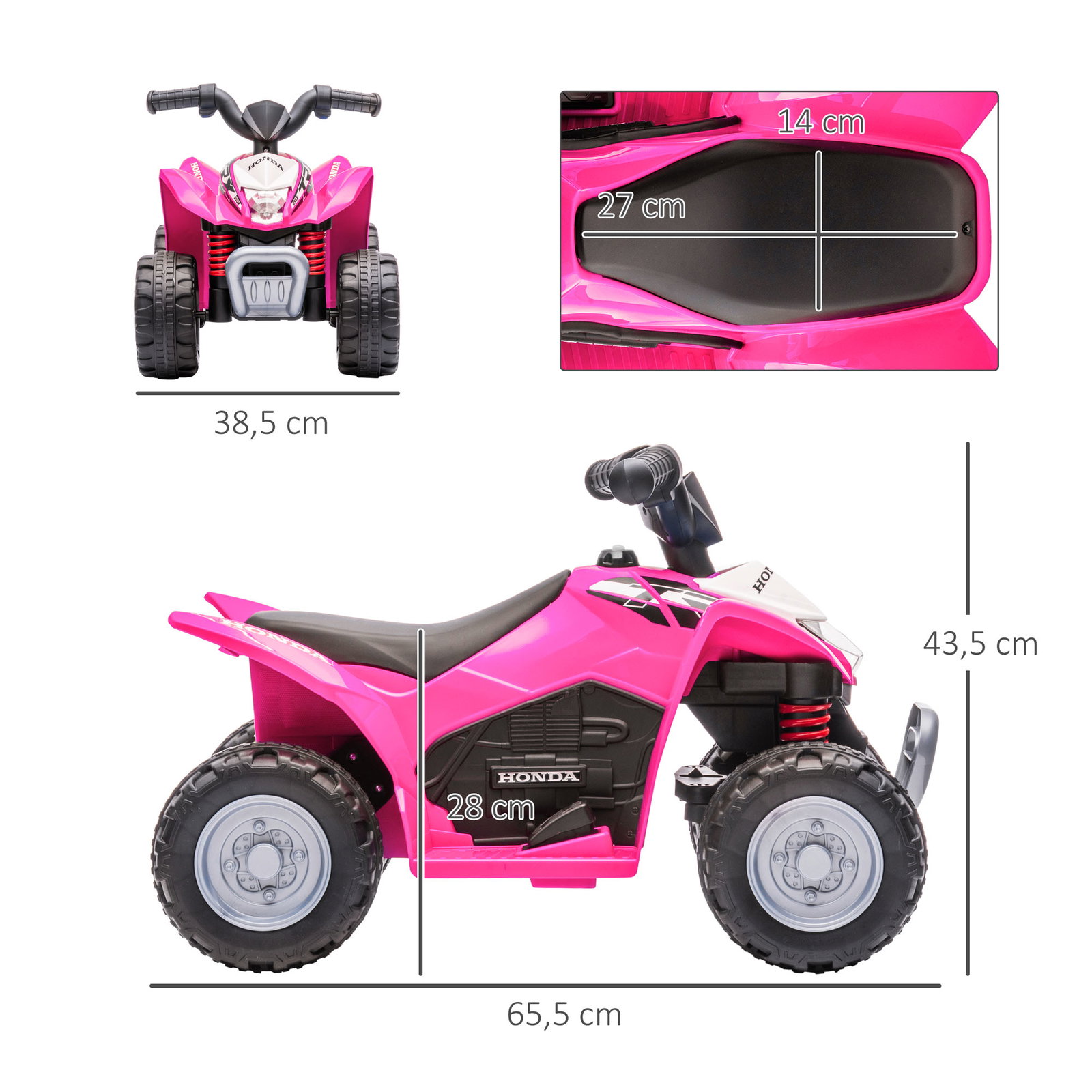 Quadriciclo elétrico honda para crianças de 18-36 meses quadriciclo elétrico infantil a bateria 6v com faróis LED buzina velocidade de 2,8km/h e avance 65,5x35,5x43,5cm rosa