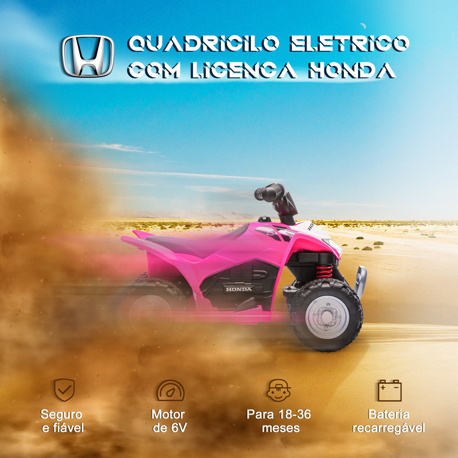 Quadriciclo elétrico honda para crianças de 18-36 meses quadriciclo elétrico infantil a bateria 6v com faróis LED buzina velocidade de 2,8km/h e avance 65,5x35,5x43,5cm rosa