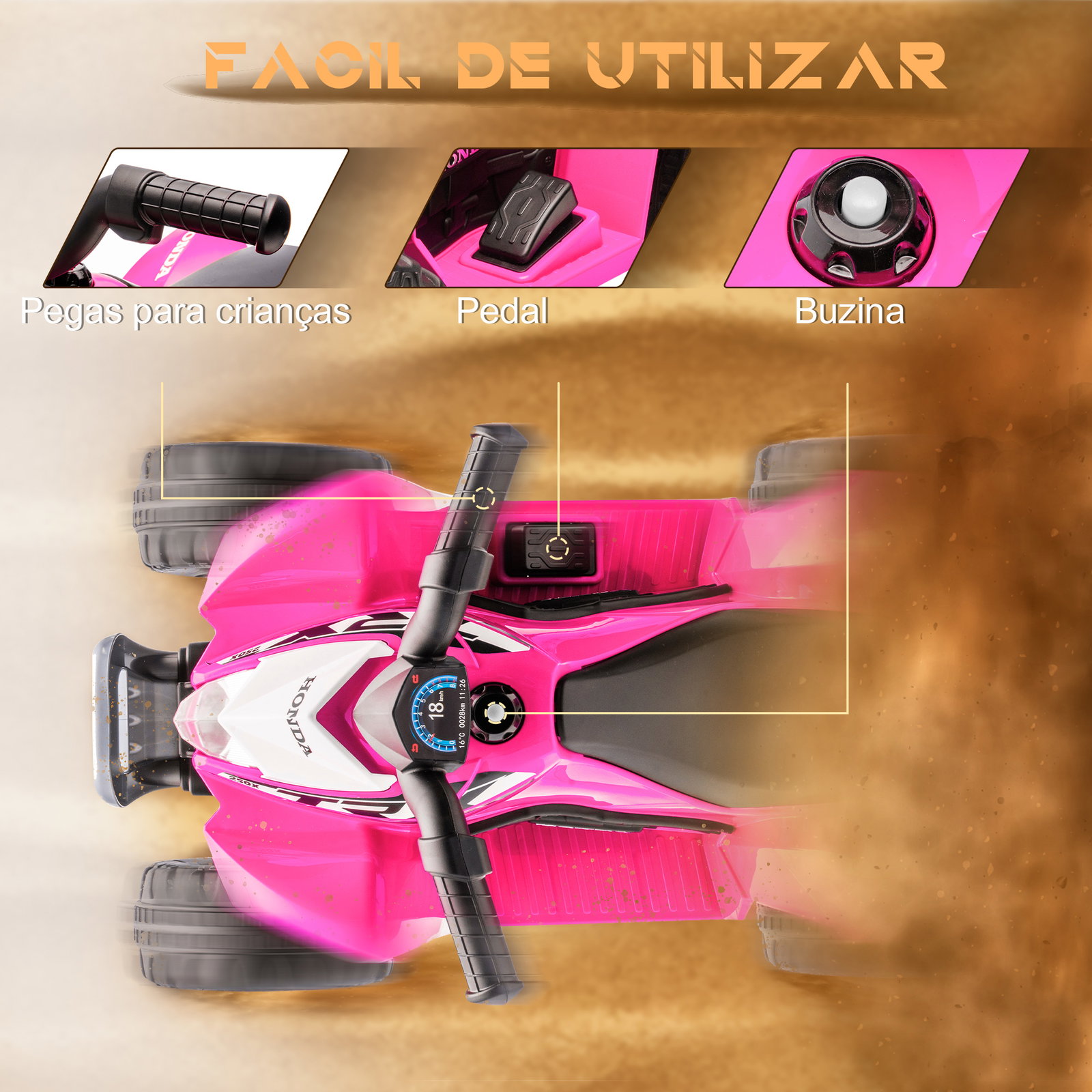 Quadriciclo elétrico honda para crianças de 18-36 meses quadriciclo elétrico infantil a bateria 6v com faróis LED buzina velocidade de 2,8km/h e avance 65,5x35,5x43,5cm rosa