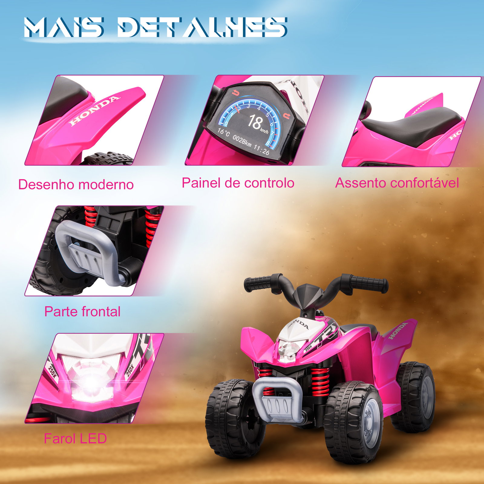 Quadriciclo elétrico honda para crianças de 18-36 meses quadriciclo elétrico infantil a bateria 6v com faróis LED buzina velocidade de 2,8km/h e avance 65,5x35,5x43,5cm rosa