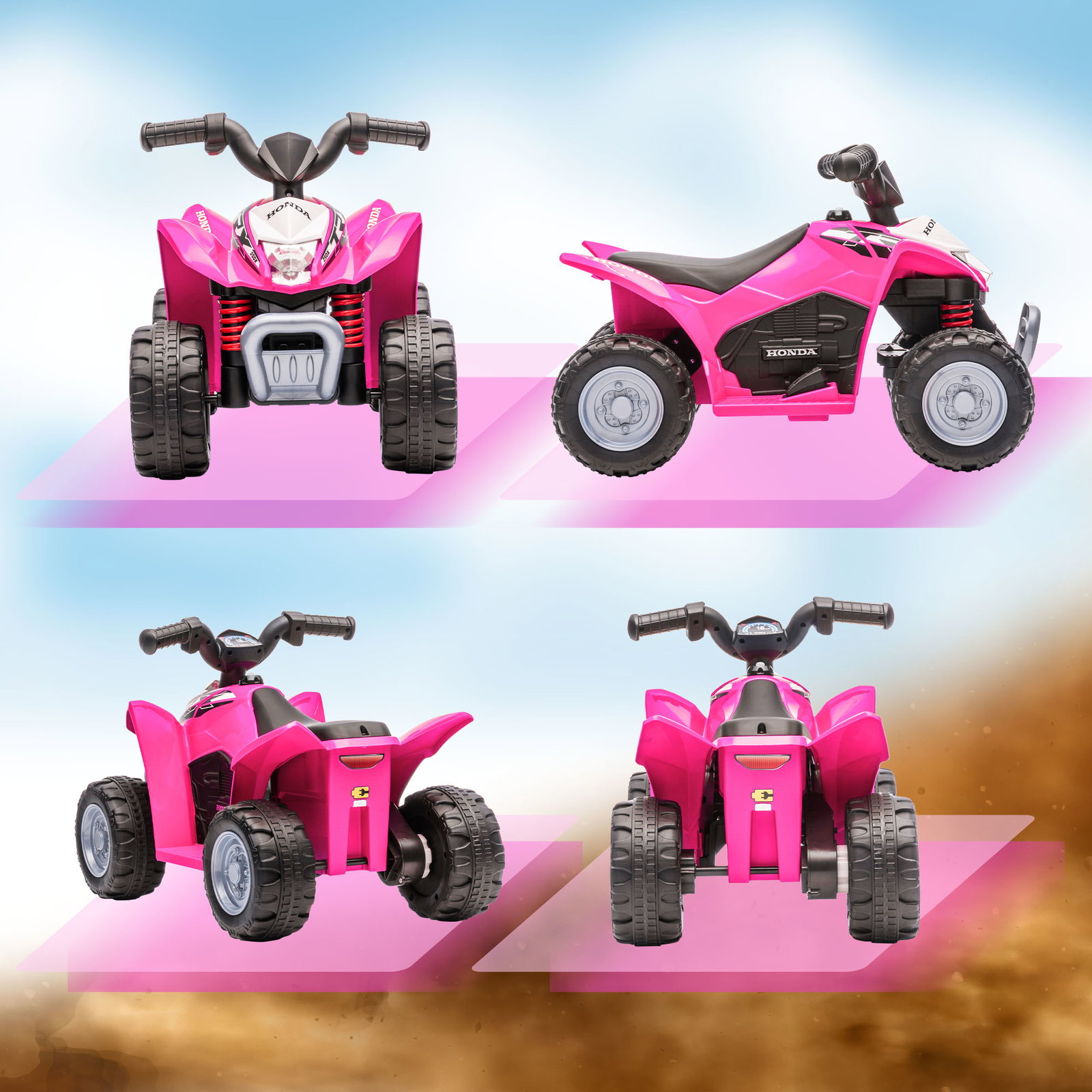 Quadriciclo elétrico honda para crianças de 18-36 meses quadriciclo elétrico infantil a bateria 6v com faróis LED buzina velocidade de 2,8km/h e avance 65,5x35,5x43,5cm rosa