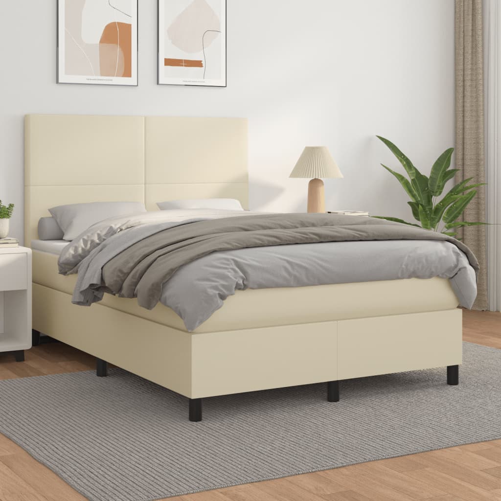 Cama com molas/colchão 140x190 cm couro artificial cor creme