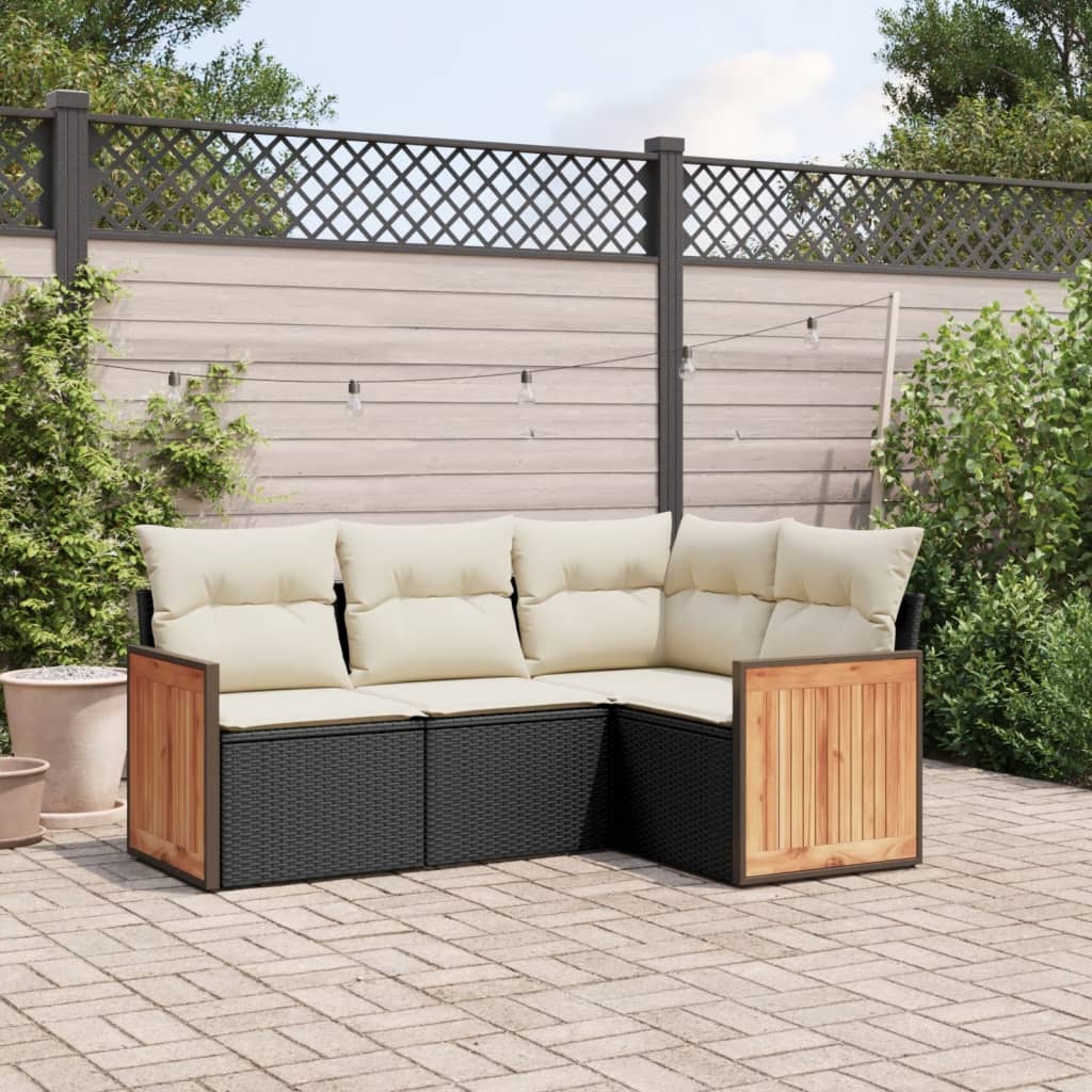 4 Pcs conjunto de sofás para jardim c/ almofadões vime PE preto