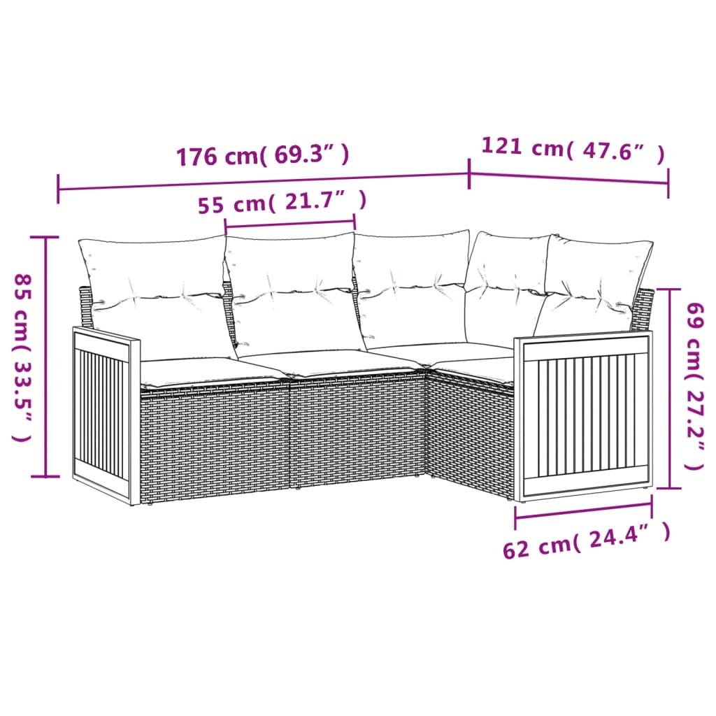 4 Pcs conjunto de sofás para jardim c/ almofadões vime PE preto