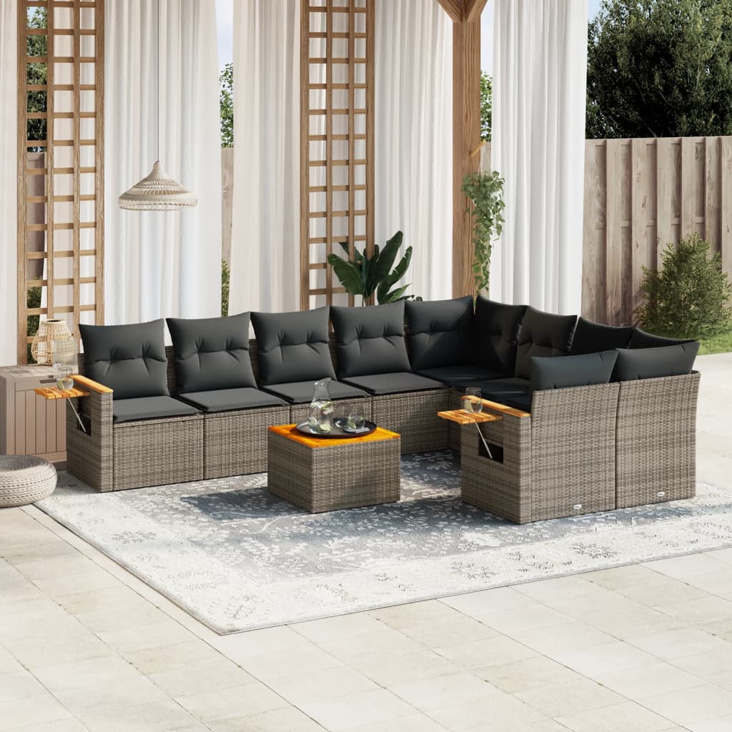 10 Pcs conjunto sofás de jardim c/ almofadões vime PE cinzento