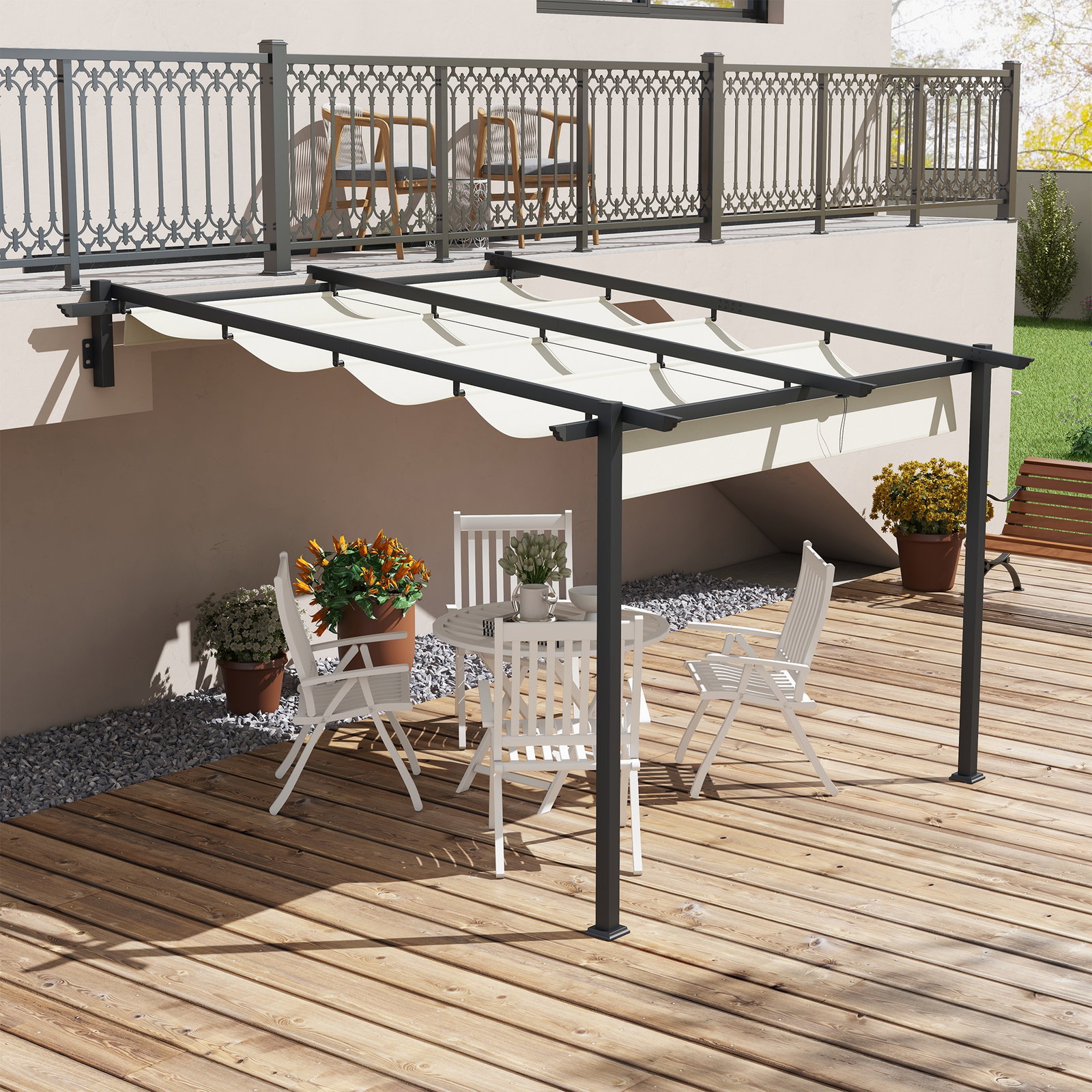 Pérgola de parede 3x3 m pérgola de jardim com teto retrátil de poliéster e estrutura de aço creme e cinza escuro