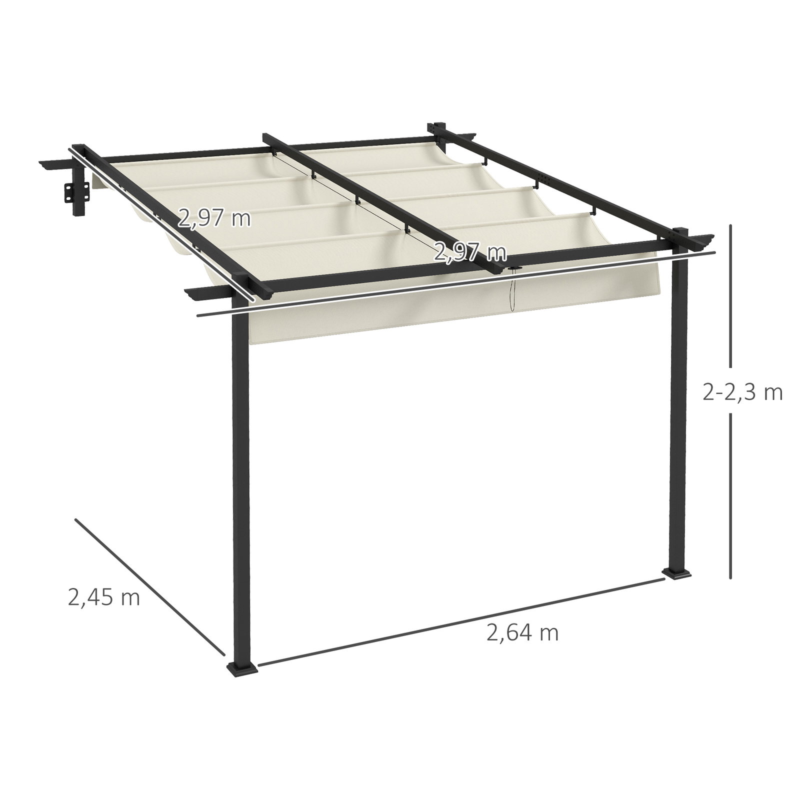 Pérgola de parede 3x3 m pérgola de jardim com teto retrátil de poliéster e estrutura de aço creme e cinza escuro